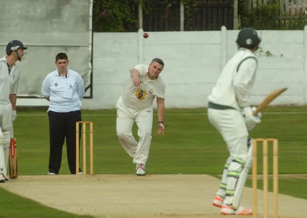 Stevie Wright bowls to Easington opener Ryan Higgins in Philadelphia's storming league win on Saturday. Picture by Kevin Brady