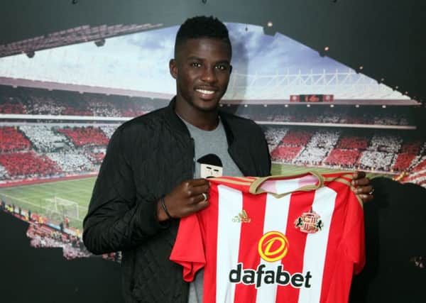 SUNDERLAND, ENGLAND - AUGUST 05:  Papy Djilobodji pictured after becoming David Moyes first signing at The Academy of Light on August 5, 2016 in Sunderland, England. (Photo by Sunderland AFC/Sunderland AFC via Getty Images)