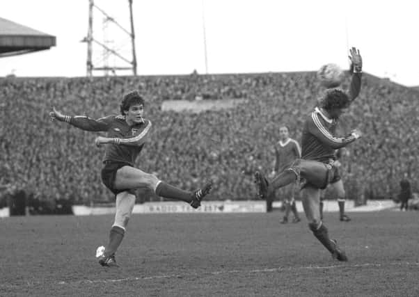 Boro's Mark Proctor blocks a shot from Sunderland's Gordon Chisholm in the Tees-Wear derby at Ayresome Park in February, 1981