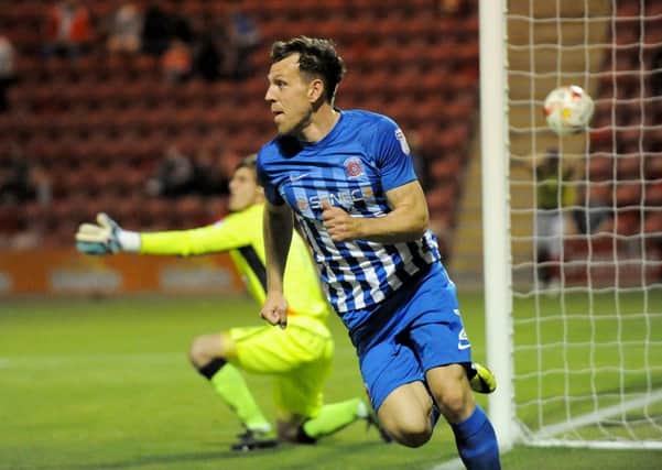 Carl Magnay enjoys his point-saving leveller for Hartlepool United at Crewe. Picture by Frank Reid
