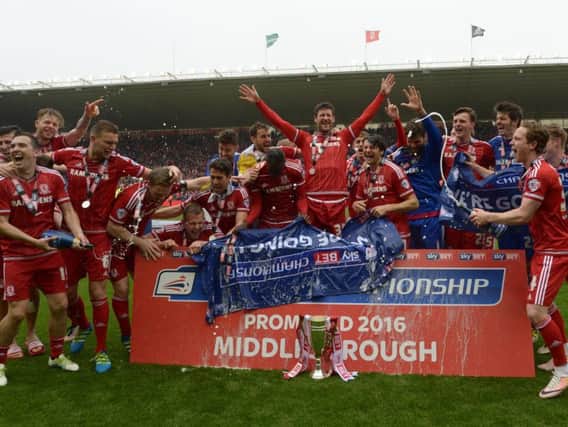 The Middlesbrough squad celebrate promotion