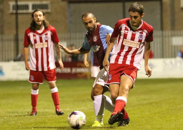 Seaham Red Star (red and white) battle against South Shields last night. Picture by Peter Talbot