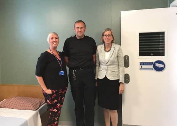 Sarah Newton MP (right) with  Anthony Patterson, Northumbria Police mental health liaison officer, and  Claire Johnson - service manager, with the crisis response and home care team at Hopewood Park.