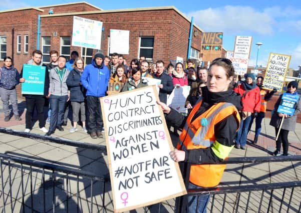 Junior doctor Alex Thompson and colleagues during previous strike action outside of Sunderland Royal Hospital.