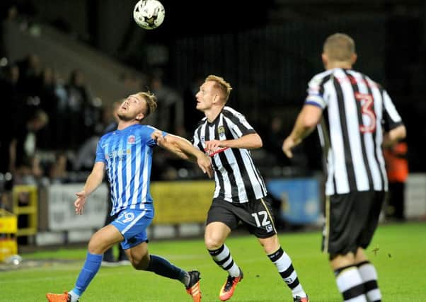 Wearsider Jordan Richards (left) battles against Notts County in midweek but could miss out when Hartlepool United visit Stevenage tomorrow. Picture by Frank Reid