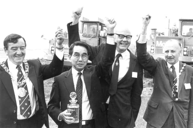 Pictured after the ground-breaking ceremony are, from left, Coun George Elliott, Mayor of Sunderland; Toshiaki Tsuchiya, director of the Nissan Motor Corporation; Professor Grigor McClelland, chairman of Washington Development Corporation, and Coun Archie Potts, chairman of Tyne and Wear County Council.