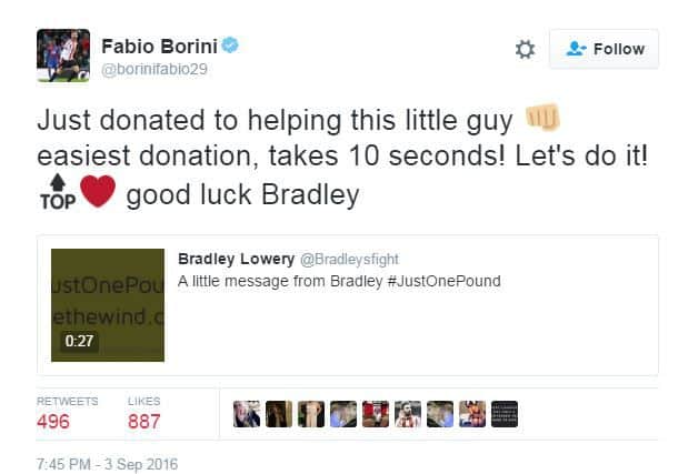 The tweet by Fabio Borini, showing his support for Bradley Lowery.
