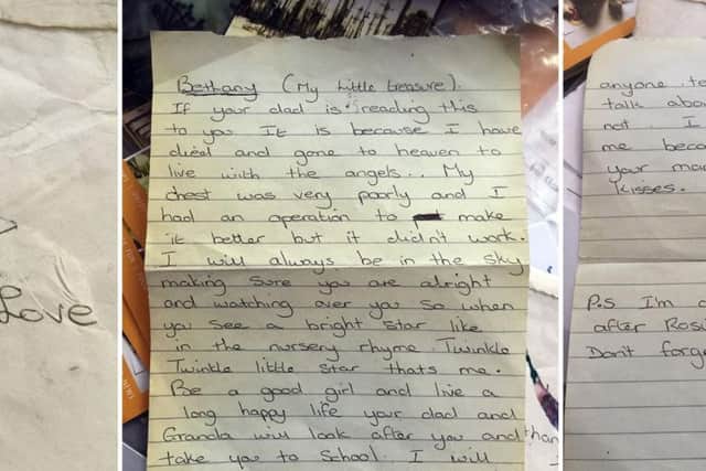 A lost letter from a dying mother to her little girl, Bethany Gash, as it was found in a second-hand bookshop in County Durham, and has been returned to her after 15 years.