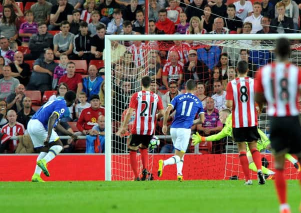 Romelu Lukaku bags the first goal of his hat-trick. Picture by Frank Reid