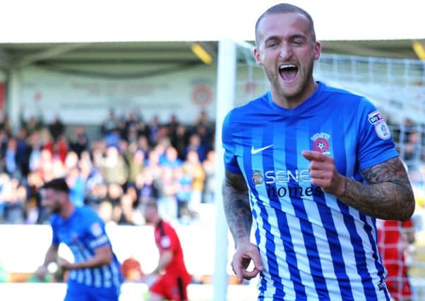 Lewis Alessandra celebrates firing Pools in front against Crawley. Picture by Frank Reid