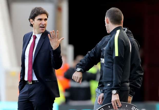 Aitor Karanka gestures to the fourth official during the Watford game