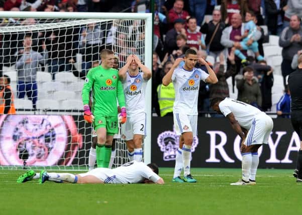 Sunderland players are distraught after conceding a late goal in injury time at West Ham United on Saturday.