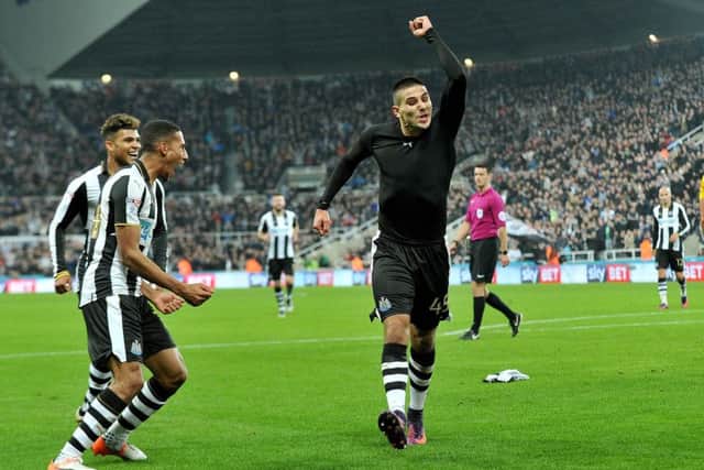 Aleksandar Mitrovic takes off his shirt to celebrate his double in Newcastle's win over Preston. Picture by Frank Reid