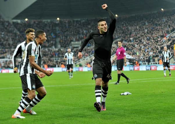 Aleksandar Mitrovic takes off his shirt to celebrate his double in Newcastle's win over Preston. Picture by Frank Reid