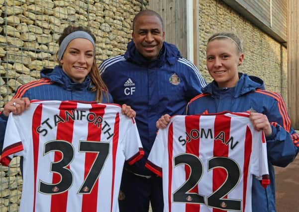Sunderland boss Carlton Fairweather with two of his 2016 signings, Lucy Staniforth and Kylla Sjoman, but injury has ruled out Sjoman for much of the season
