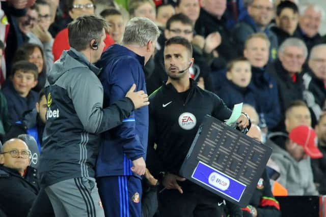 David Moyes complains to the fourth official at Southampton prior to being sent off by referee Chris Cavanagh. Picture by Frank Reid
