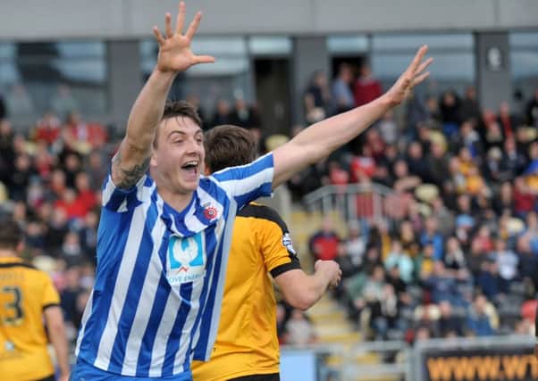 Jordan Hugill celebrates scoring on loan for Hartlepool United at Newport County two seasons ago. Picture by Frank Reid