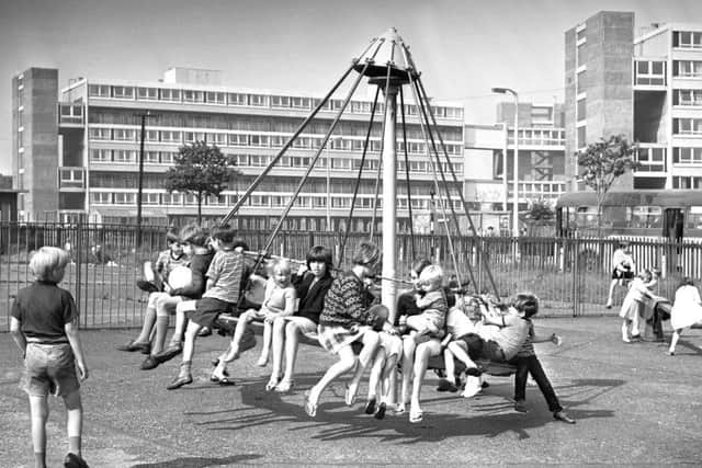 Thompson Road Play Park in August 1967, with the now-demolished Hahnemann Court in the background.
