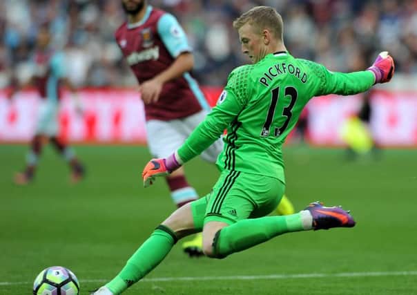 Jordan Pickford clears the ball at West Ham last weekend. Picture by Frank Reid