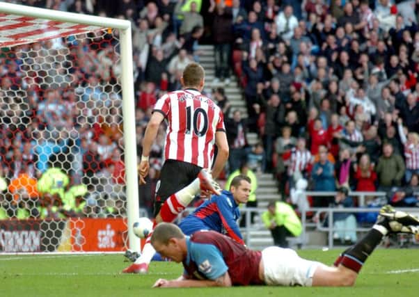 Connor Wickham watches his first Sunderland goal hit the back of the Villa net, after beating keeper Shay Given and defender Richard Dunne. Picture by Peter Berry