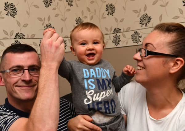Father Ryan Carr, son Joshua Parkin aged 1 and mother Kirsty-Jo Parkin set off son Joshua's balloon in honour of his birthday which arrived in Germany