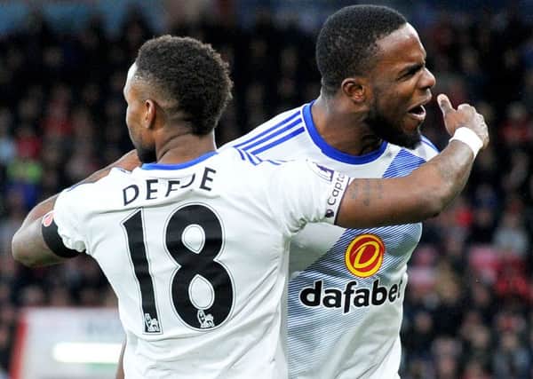 Victor Anichebe roars his approval as Sunderland go ahead with Jermain Defoe's penalty at Bournemouth. Picture by Frank Reid