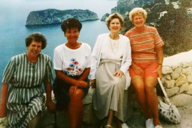 From left,  Doreen Richardson (late sister) Mary Conelly (friend) Joyce Burn (late sister) and Monica Allen on a family holiday in May 1995 overlooking the island of Portichol Javea, Spain.