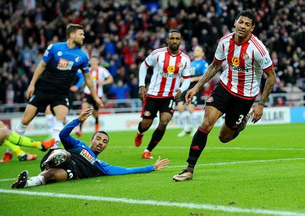Patrick van Aanholt races away to celebrate hitting Sunderland's equaliser at home to Bournemouth last season. Picture by Frank Reid
