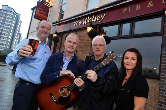 Live music to be introduced to The Wolsey pub.
From left, lamdlord Bob Klein, The Heavenly Thrillbillies band members Andy Fraser and Phil Wynn with bar manager Vikki Stormont
