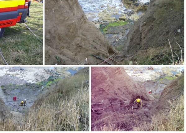 Fire crews rescue a dog that had fallen from cliffs at Ryhope. Credit: Tyne and Wear Fire and Rescue Service.
