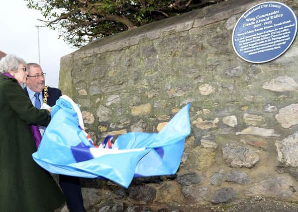 Eleanor Longmire (daughter) and Coun Alan Emerson the Mayor of Sunderland at the start of the blue plaque unveiling in honour of Wing Commander Claude Ridley. Picture by FRANK REID
