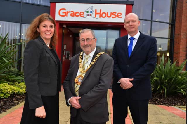 Big Lottery Funds for Grace House . From left Grace House Chief Executive Karen Parry, Sunderland mayor Alan Emerson and Grace House chairman David Cook