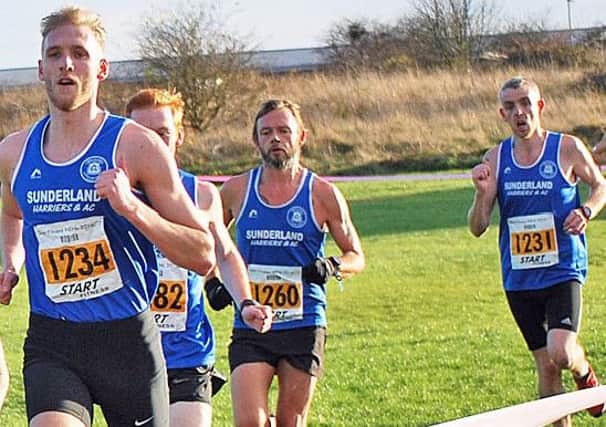 Sunderland Harriers packed well in the senior men's race with Barry Maskell, Sparrow Morley (tucked in behind), Kevin Jeffress and Andy Powell, making inroads through the 400-strong field.