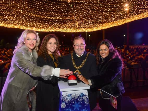 Pictured switching on the city's Christmas Lights in Keel Square are, from left, Empire Panto star Faye Tozer, singer Chloe Castro, The Mayor of Sunderland Coun Alan Emerson and Empire Panto star Amy Leigh Hickman.