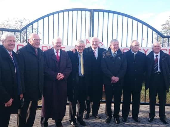 Charlie Hurley with members of the 63/64 Sunderland team in front of his gates outside the Stadium of Light.