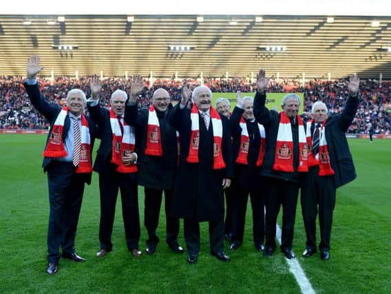 Charlie Hurley (centre front) and fellow members of the 1963/64 promotion team at the Stadium of Light today.