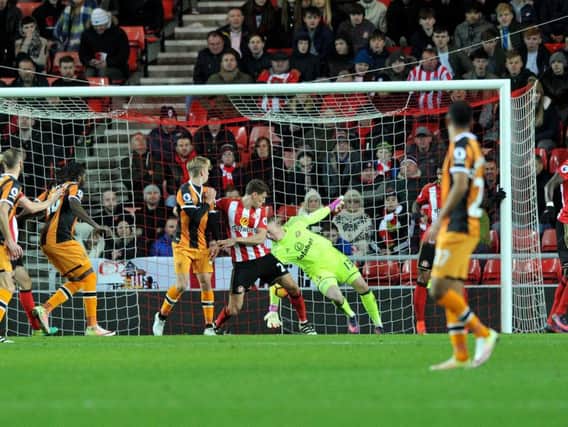 Jordan Pickford makes a great save from Curtis Davies' header. Picture by FRANK REID