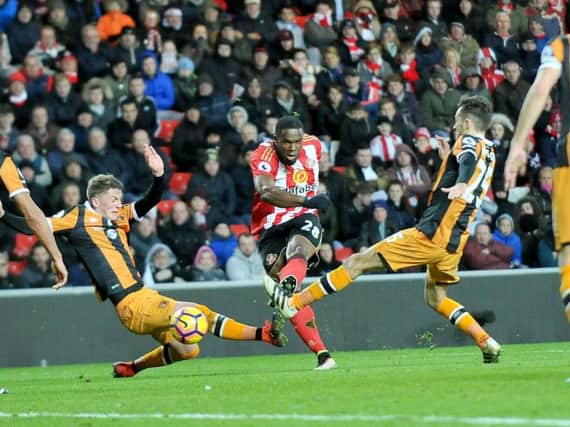 Victor Anichebe scores his opener against Hull City. Picture by FRANK REID