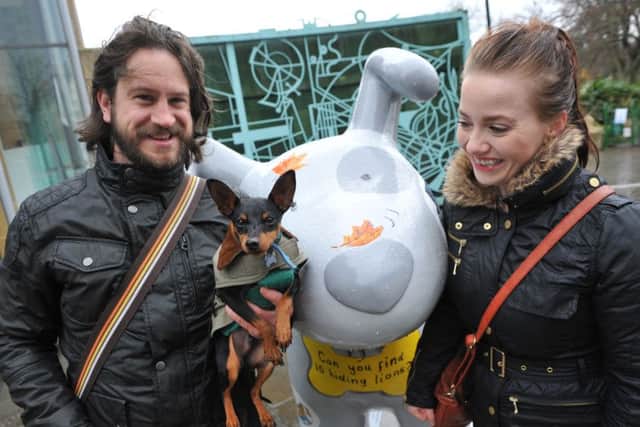 Dog walkers Chris and Claire Robertson with dog Rocky, set off from Mowbray Park on the Great North Snowdog dog walk, raising money for St Oswald's Hospice.