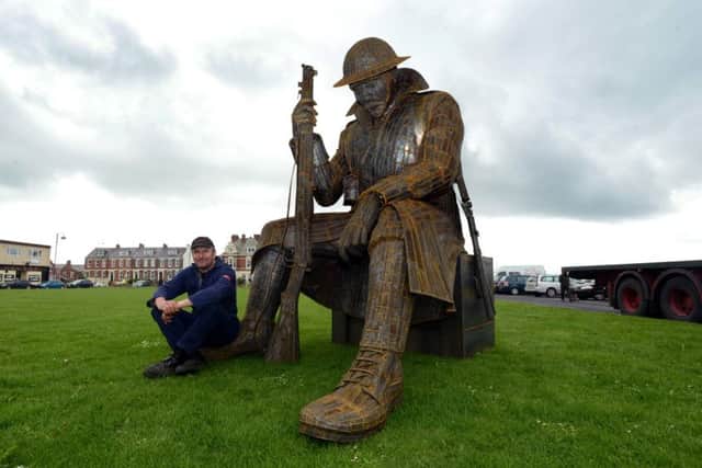 Sculptor Ray Lonsdale with Tommy in Seaham.