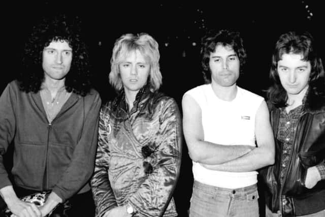 British rock group  Queen (from left) Brian May, Roger Taylor , Freddie Mercury  and John Deacon .