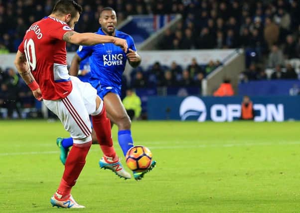 Alvaro Negredo hits home his second goal in Boro's 2-2 draw at Leicester