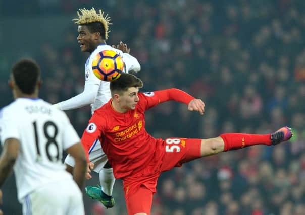 Didier Ndong battles against young Liverpool sub Ben Woodburn. Picture by Frank Reid