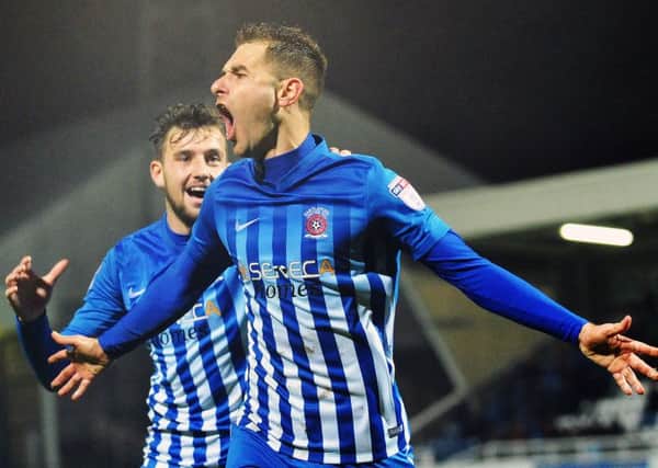 Nicky Deverdics celebrates scoring for Pools against Accrington Stanley in midweek. Picture by Frank Reid