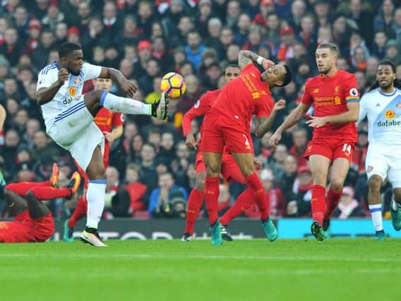 Victor Anichebe in action for Sunderland at Anfield. Picture by FRANK REID