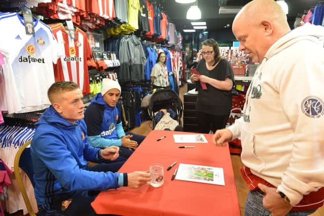Jordan Pickford and Wahbi Khazri signing autographs at the SAFC Club Shop in the Galleries, Washington. Picture by FRANK REID