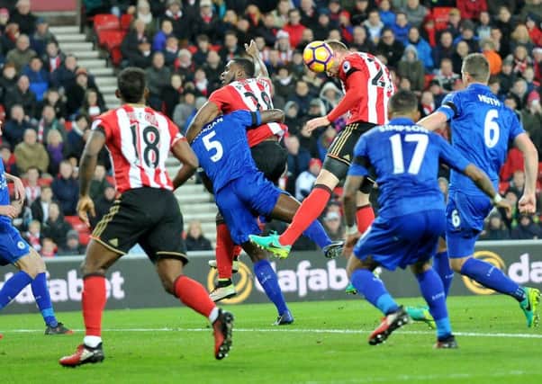 Jan Kirchhoff rises to get in a header which took a huge deflection off Leicesters Robert Huth to put Sunderland ahead. Picture by Frank Reid