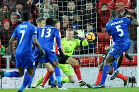 Jordan Pickford makes his brilliant save to deny Leicester skipper Wes Morgan a late equaliser. Picture by Frank Reid