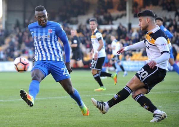 Pools' Toto Nsiala defends against Port Vale. Picture by Frank Reid