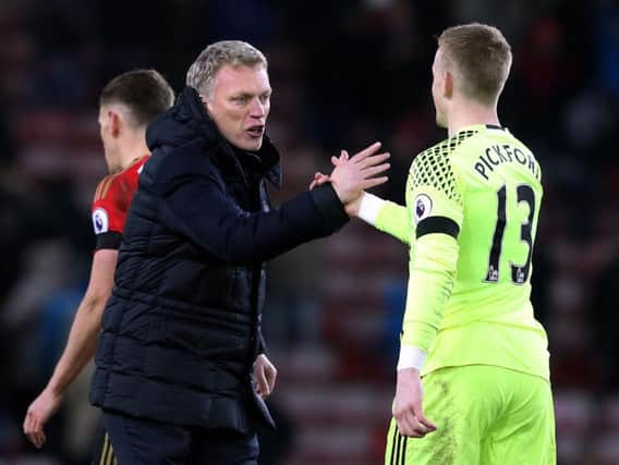 Jordan Pickford is congratulated by David Moyes after Saturday's win